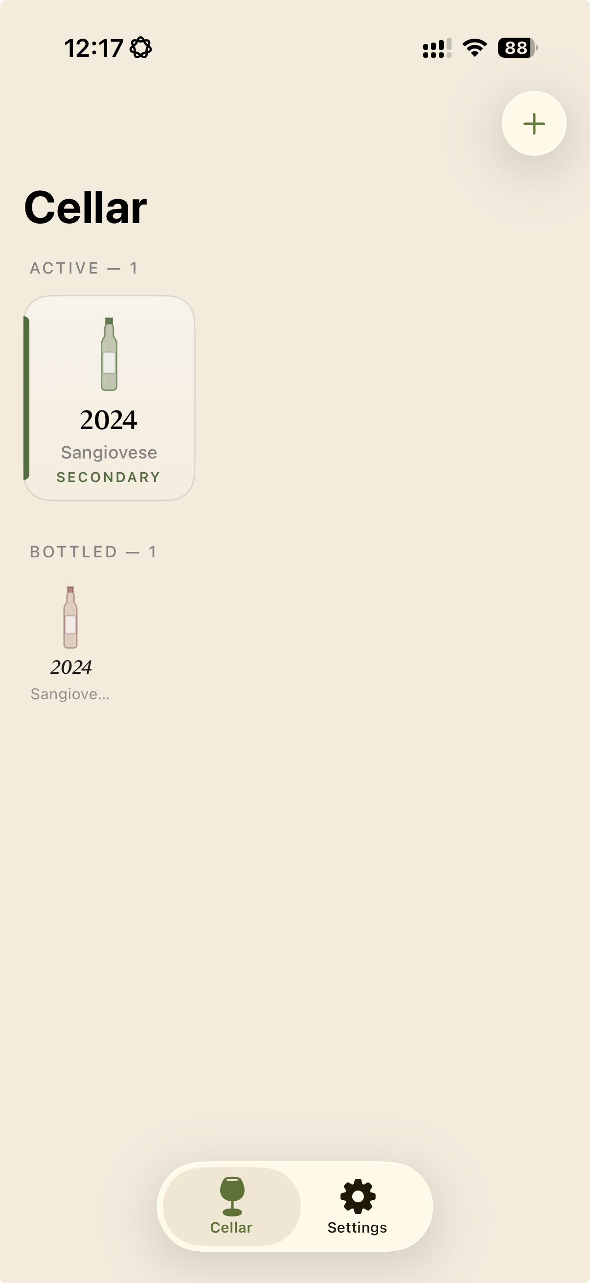 Vinea cellar wall — every active batch shown as a bottle tile with stage and last reading.