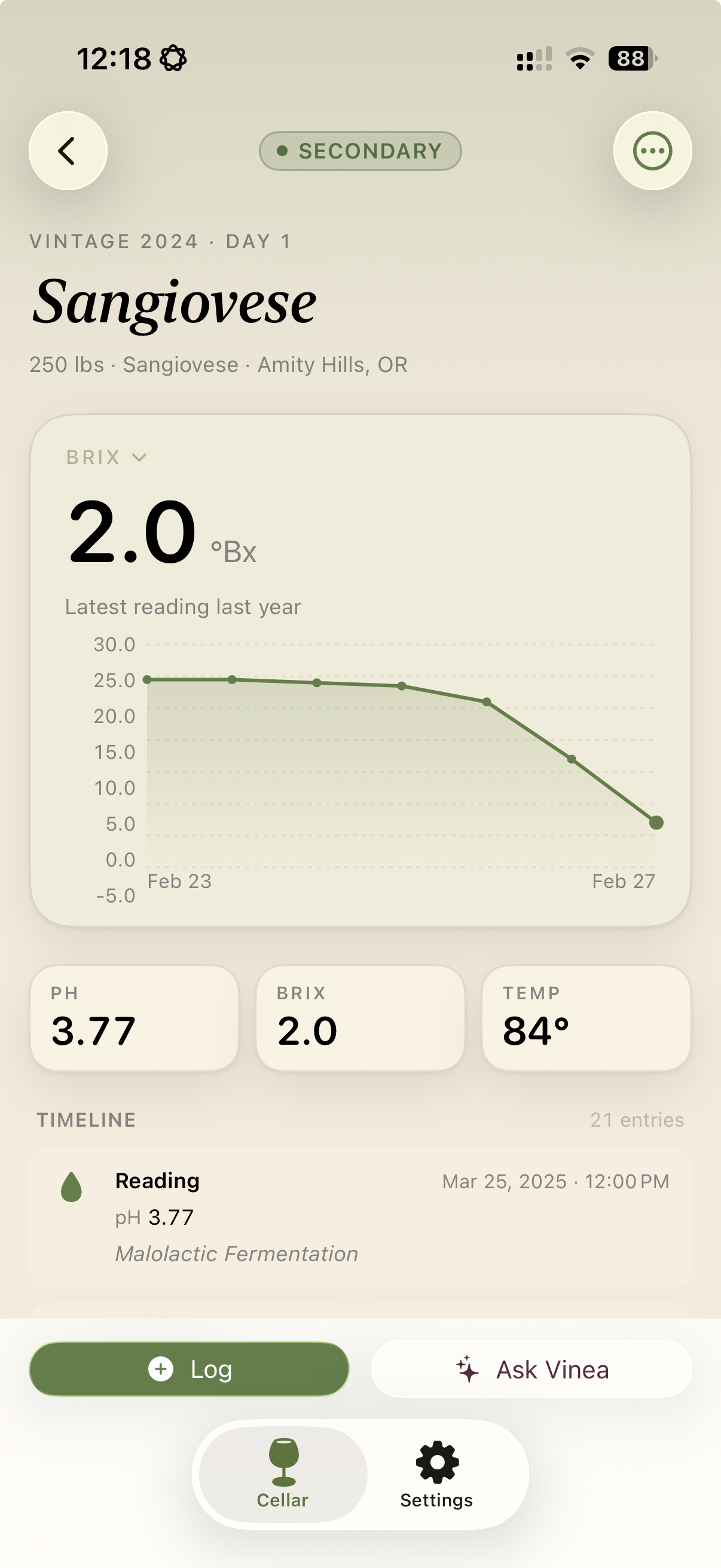 Vinea reading-entry sheet — logging specific gravity for a fermenting batch.