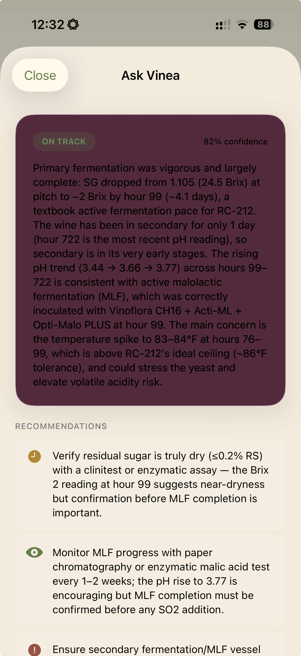 Vinea AI — analysis of a stalled fermentation with a recommended next step.